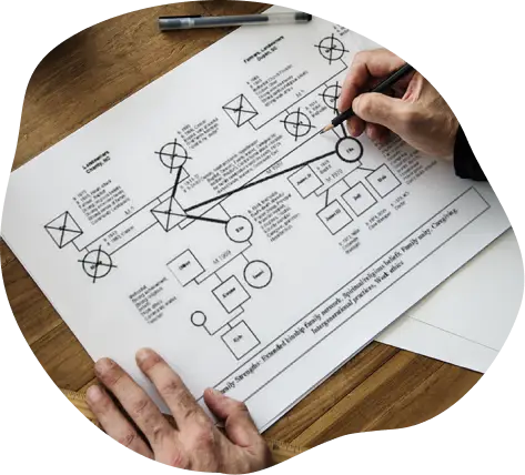 une personne fait un génogramme familial sur une feuille